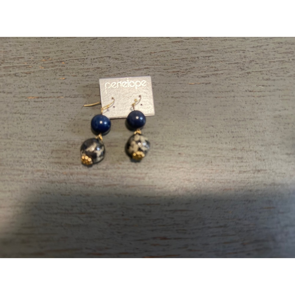 Penelope Navy Blue and Marbled Stone Drop Earrings Gold Tone French Wire Hook